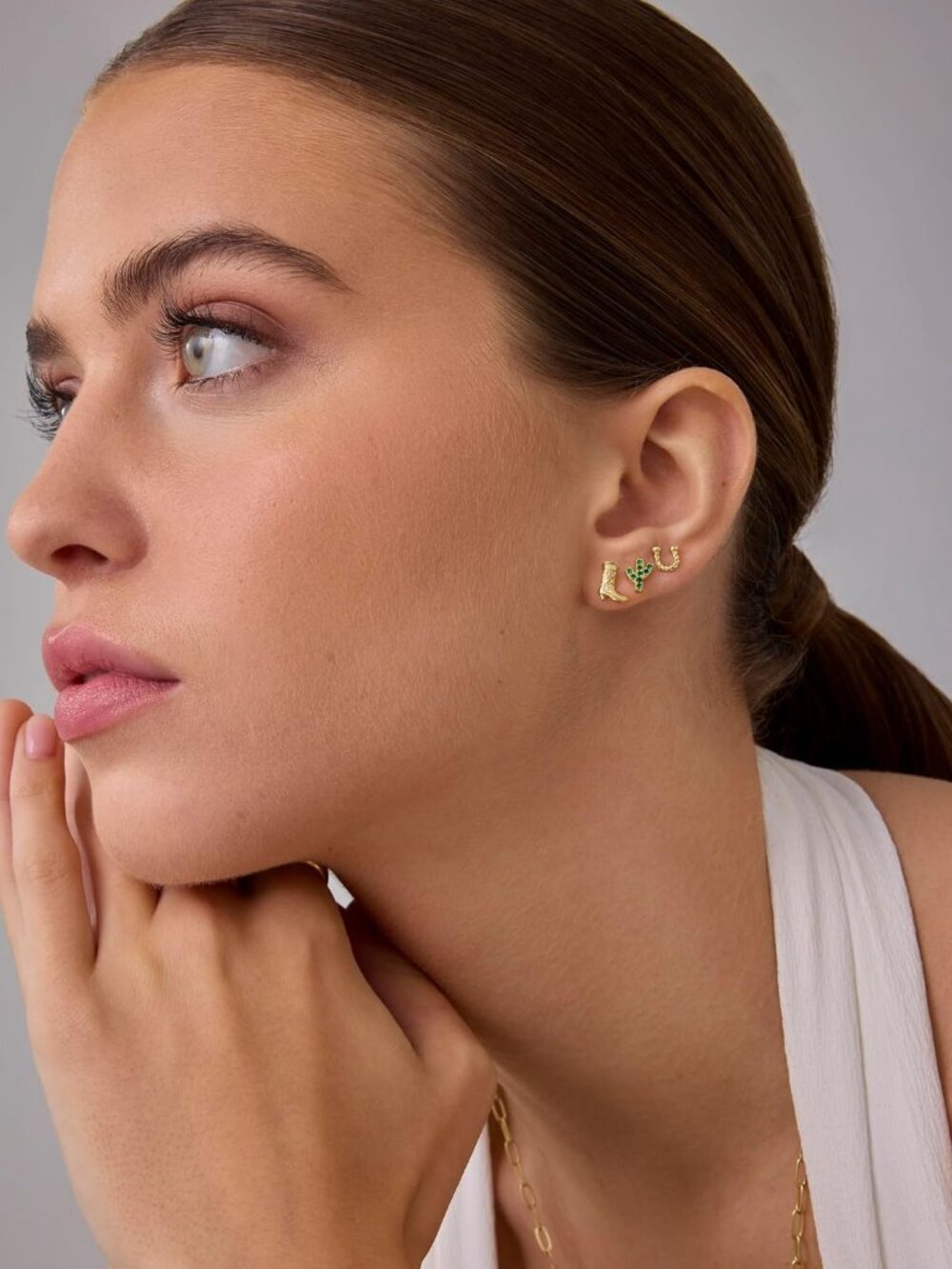 Dainty Flat Back Earrings for Women, 14K Gold Plated CZ Stud Piercing - Picture 3 of 5